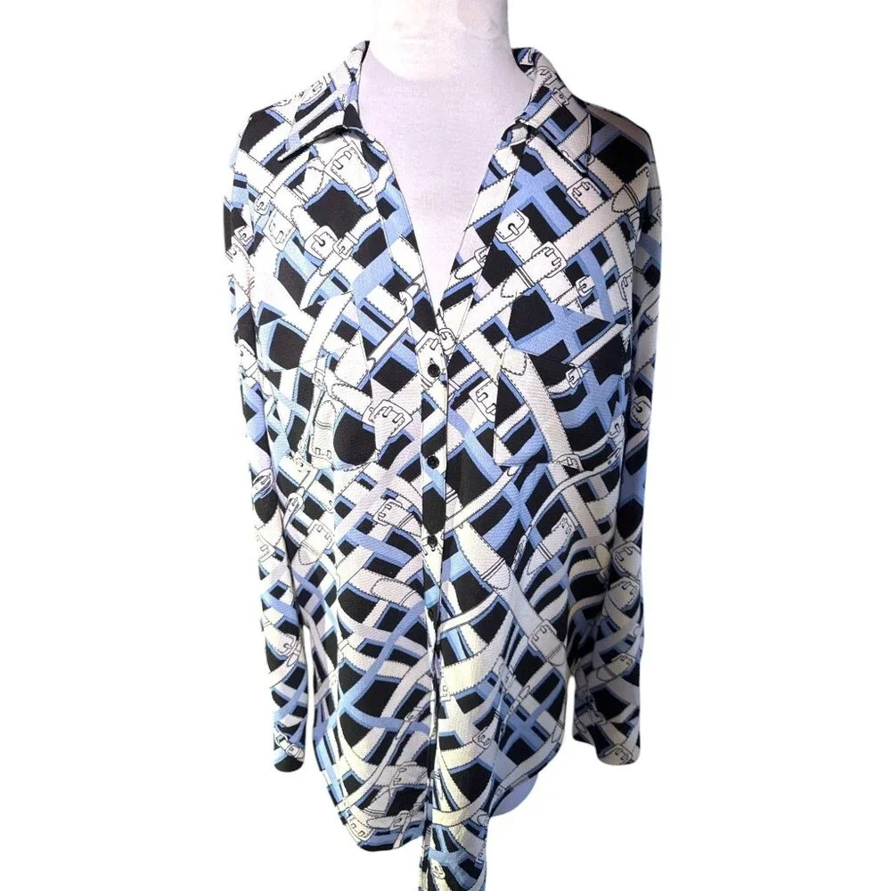 Jones New York Womens Button Up Blouse Tie Front Black Blue Patterned Size M - Picture 1 of 10